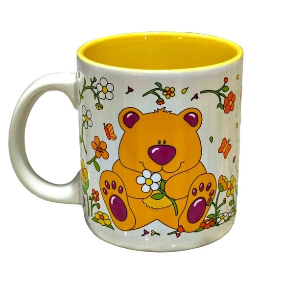 Vintage 1990s Teddy Bear Coffee Mug Orange Yellow Flower Power Accents & Designs - Picture 3 of 7